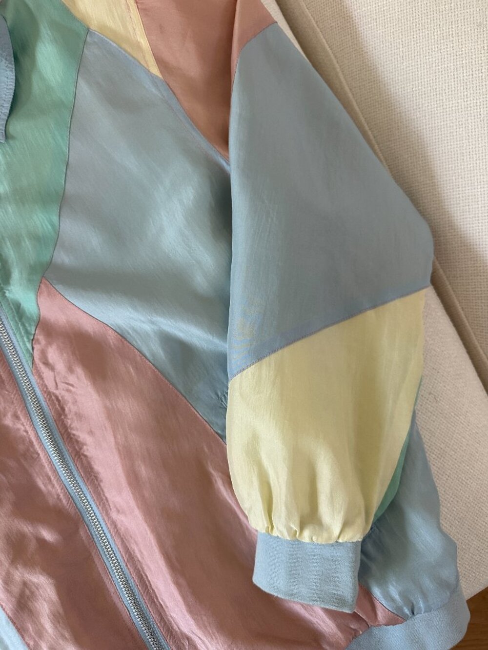 Vintage 80s Blair 100% Silk Pastel Color Block Bomber Jacket Oversized Small - Picture 5 of 14